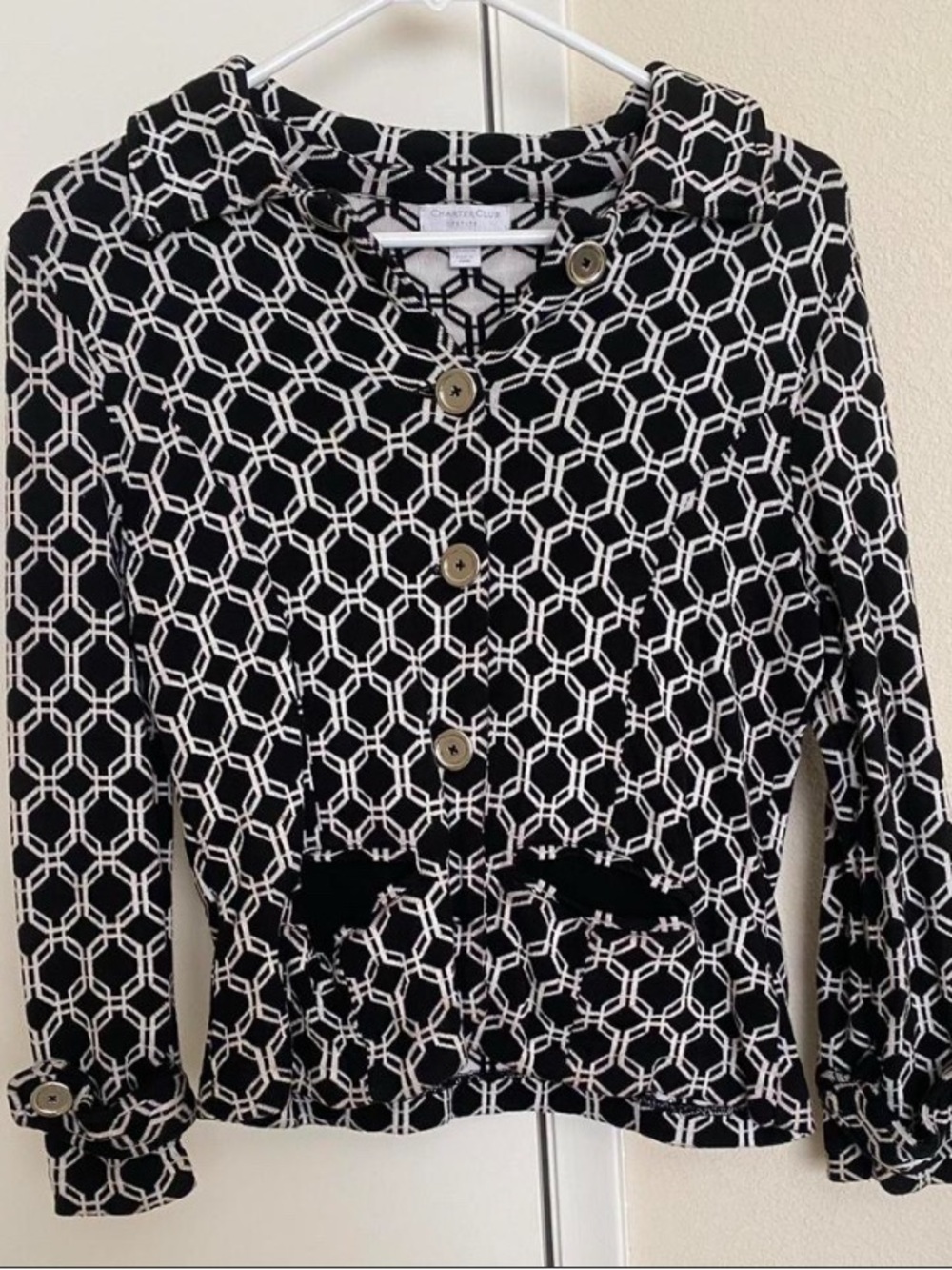 Charter Club Black and White Geometric Knit Top
